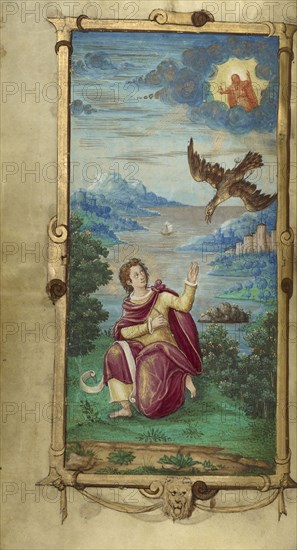 Saint John on Patmos; Paris, France; 1544; Tempera colors and gold paint on uterine parchment; Leaf: 14.3 x 8.1 cm