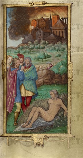 Job Derided by his Wife and Three Friends; Paris, France; 1544; Tempera colors and gold paint on uterine parchment; Leaf