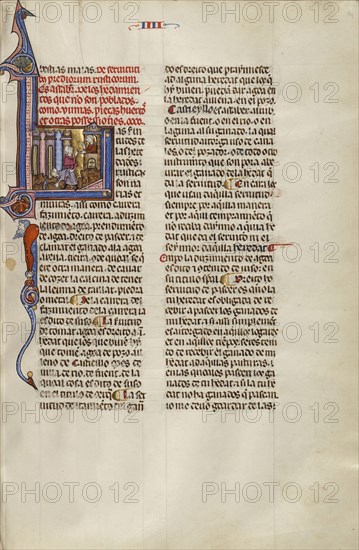 Initial L: A Man Speaking to Another from a Balcony while a Man Digs with a Pickaxe; Unknown, Michael Lupi de Çandiu, Spanish