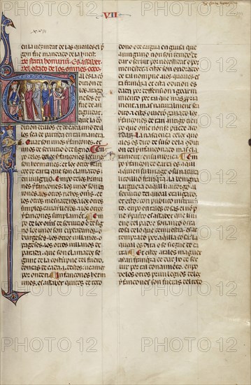 Initial T: Clerics, Nobles, and Peasants Standing before a King; Unknown, Michael Lupi de Çandiu, Spanish, active Pamplona