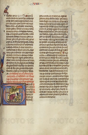 Initial T: Two Men Digging; Unknown, Michael Lupi de Çandiu, Spanish, active Pamplona, Spain 1297 - 1305, Northeastern Spain