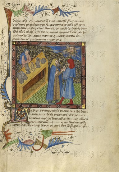 Two Men Standing before a Bench of Money, Plates, and Goblets; Avignon, probably, France; about 1430; Tempera colors, gold leaf