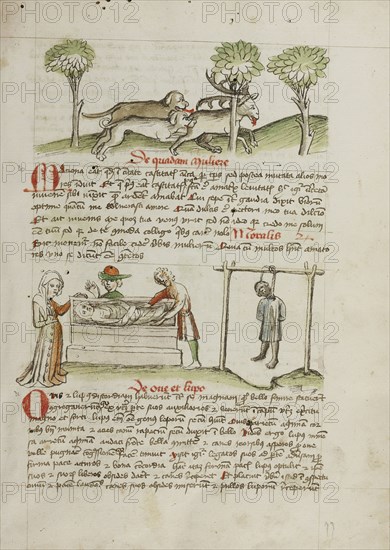 A Dog Hunting a Stag; A Man Killed by Hanging and A Woman Laying in a Coffin; Trier, probably, Germany; third quarter of 15th