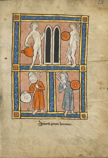 Men with Shields and Weapons; Thérouanne ?, France, formerly Flanders, fourth quarter of 13th century, after 1277, Tempera