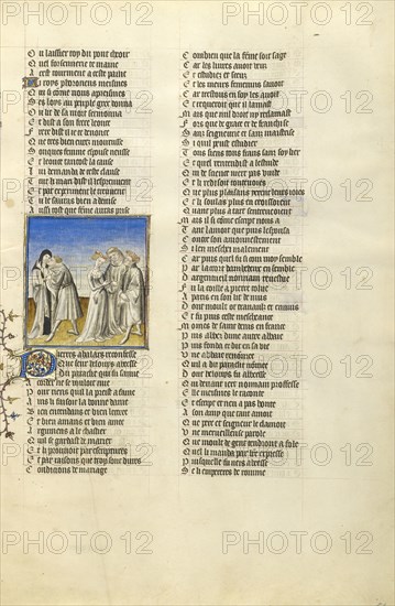 Abelard Embracing Heloise; Paris, France; about 1405; Tempera colors, gold leaf, and ink on parchment bound between pasteboard