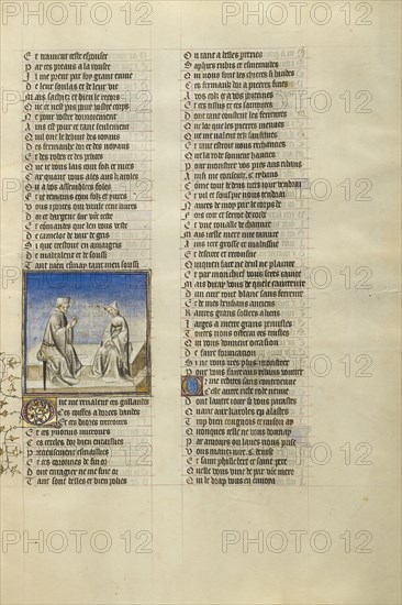 A Man and a Modishly Costumed Woman in Conversation; Paris, France; about 1405; Tempera colors, gold leaf, and ink on parchment