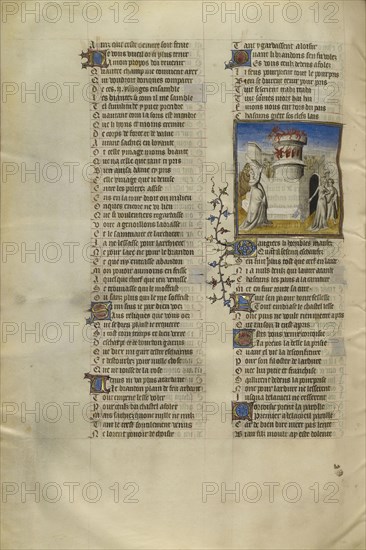 Venus Lights the Tower on Fire while Danger, Fear, and Shame Flee; Paris, France; about 1405; Tempera colors, gold leaf, and ink