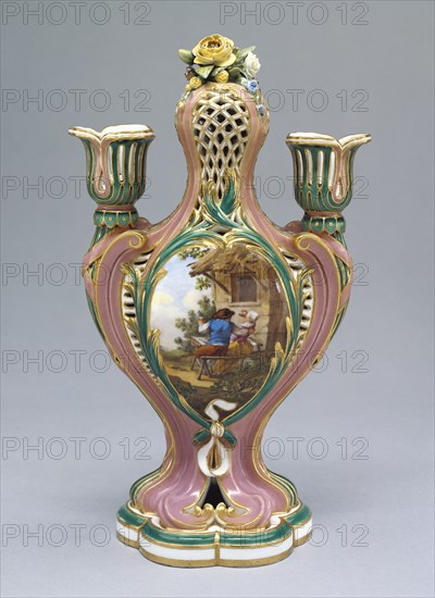 Vase; Painted by Charles-Nicolas Dodin, French, 1734 - 1803, Sèvres, France; 1759; Soft paste porcelain, pink and green ground