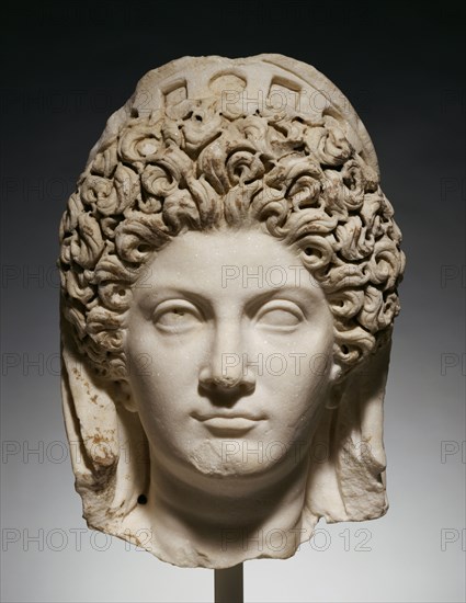 Head of Julia Titi; Roman Empire; about 90; Marble with polychromy; 33 × 22.5 × 24.4 cm, 13 × 8 7,8 × 9 5,8 in