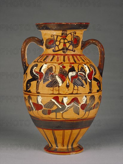 Attic Black-Figure Amphora,  Tyrrhenian , Attributed to Pointed Nose Painter; Athens, Greece; 575 - 550 B.C; Terracotta