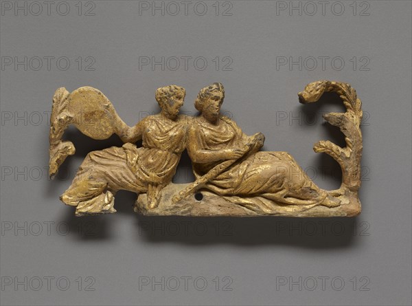 Relief with Two Maenads; Tarentum, Taras, South Italy; 350 - 300 B.C; Terracotta with foil gilding and polychromy, pink)