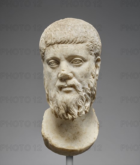 Head of Plato, worked for insertion into a statue, Roman Empire; mid-3rd century; Marble, white; 36 cm, 14 3,16 in