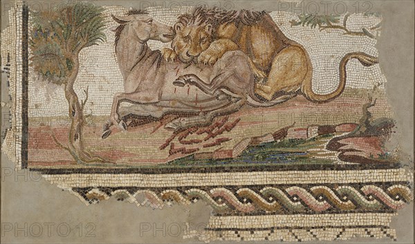 Floor Mosaic with a Lion Attacking an Onager; Tunisia; A.D. 150–200; Stone and glass tesserae; 98.4 × 160 × 7.6 cm