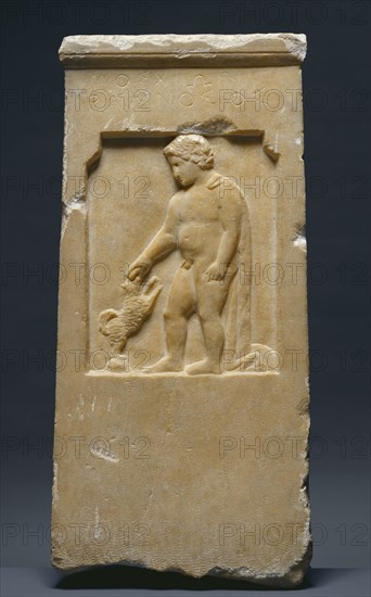 Gravestone of Moschion with his Dog; Greece, Attica, about 375 B.C; Marble; 61.5 × 29.5 × 6.4 cm, 24 3,16 × 11 5,8 × 2 1,2 in