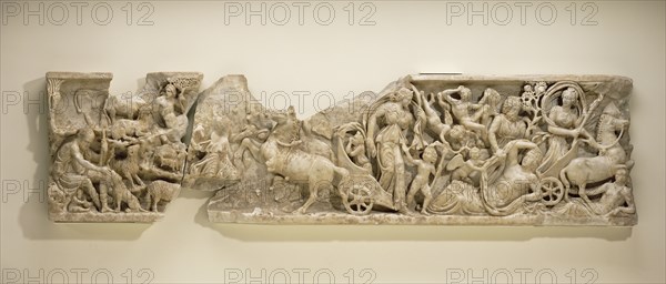 Sarcophagus Panel with the Myth of Endymion and Selene; Roman Empire; about 210; Blue-gray Marble; 54.3 × 10.2 × 214 cm