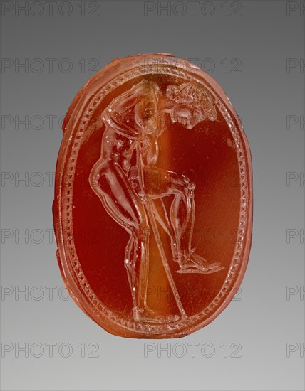 Gem Engraved with an Athlete Adjusting His Sandal; Attributed to Epimenes, Greek, active about 500 B.C., Cyclades, Greece