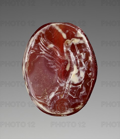 Engraved Scaraboid; about 400 B.C; Carnelian, mottled with white streaks; 0.7 × 1.4 × 1.1 cm, 1,4 × 9,16 × 7,16 in