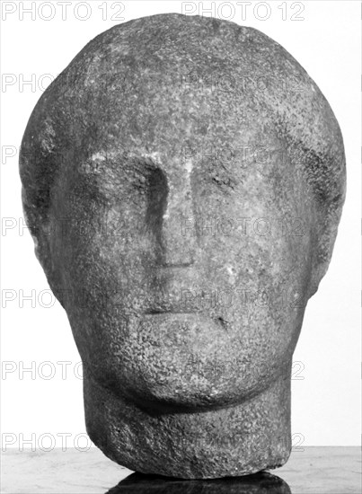 Head from a Statue; Etruria; late 5th century B.C; Marble; 11.4 × 11.6 × 13 cm, 4 1,2 × 4 9,16 × 5 1,8 in