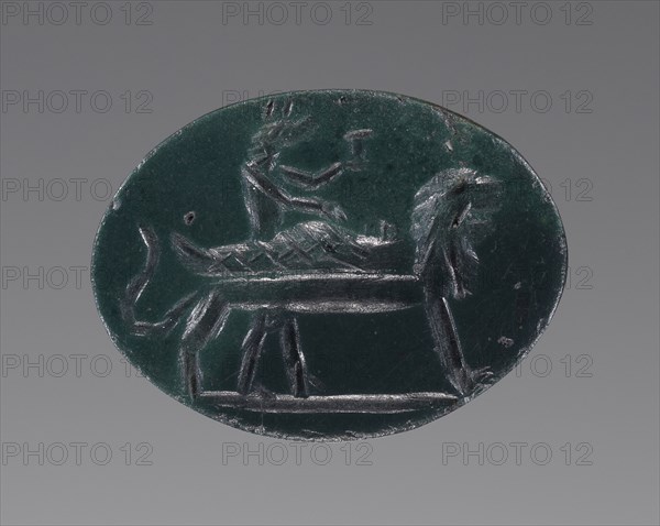 Engraved Gem with Anubis and Osiris; 100 - 250; Green Jasper?; 1.4 × 1.1 × 0.3 cm, 9,16 × 7,16 × 1,8 in