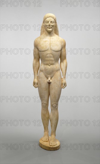 Statue of a Kouros; Greece, ?, about 530 B.C. or modern forgery; Dolomitic marble; 206.1 × 54.6 × 51 cm