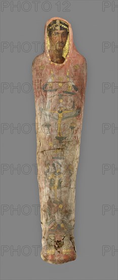 Mummy of Herakleides; Egypt; A.D. 120–140; Tempera and gilding on a wooden panel; linen and animal glue; 175.3 × 44 × 33 cm