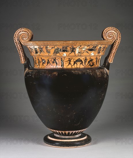 Mixing Vessel with Athletic Activities and Battle Scenes; Attributed to the Leagros Group, Greek, Attic, active 525 - 500 B.C