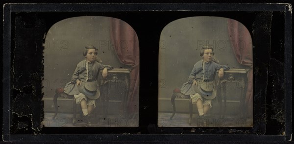 Portrait of a young boy; Antoine Claudet, French, 1797 - 1867, about 1855; Stereograph, daguerreotype, hand-colored