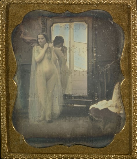 Female Nude at Mirror; French; 1850 - 1852; Daguerreotype, hand-colored; 6.4 x 5.7 cm 2 1,2 x 2 1,4 in