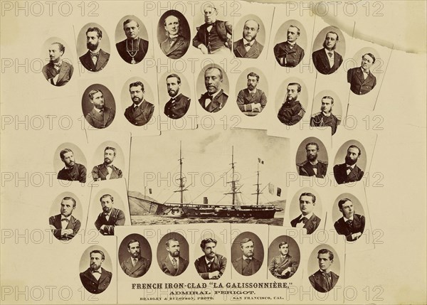 French Ironclad - La Galissonniere with portraits of thrity-one crewmen; Bradley & Rulofson; 1870s; Albumen silver print