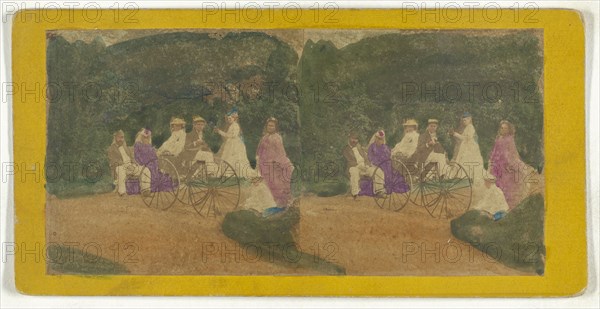 Group of men and women on carriage, possibly in Central Park, New York City; American; about 1863 - 1866; Hand-colored Albumen