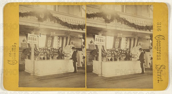 Man selling mineral water from a booth with sign  Cool Soda. From the Triumph Fountain; George E. Collins, American, active