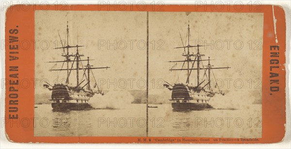 H.M.S.  Cambridge  in Hamoaze, Great Gun Practice - A Broadside. European View. England; 1860s; Albumen silver print