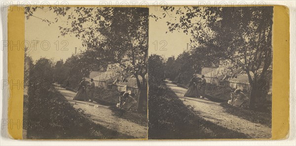 Family scene in yard of humble house, Lowell, Mass; Simon Towle, American, active Lowell, Massachusetts 1855 - 1893, 1870s