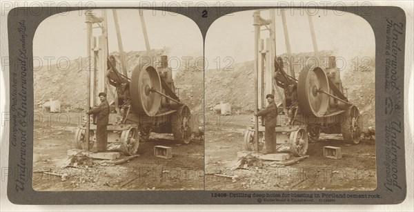 Driling deep holes for blasting in Portland cement rock; Underwood & Underwood, American, 1881 - 1940s, about 1902; Gelatin