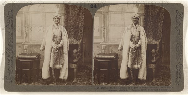 H.H. the Maharaja of Tagore in Durbar costume, jeweles worth 00,000 - Calcutta; Underwood & Underwood, American, 1881 - 1940s