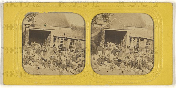 Group of firemen posed outside in front of station with wagon; Jules Marinier, French, active 1860s, 1855 - 1865; Hand-colored