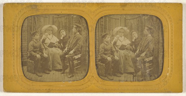 Genre scene: nun lecturing three children; H. Noë, French, active Paris, France 1850s - 1860s, 1855 - 1865; Hand-colored