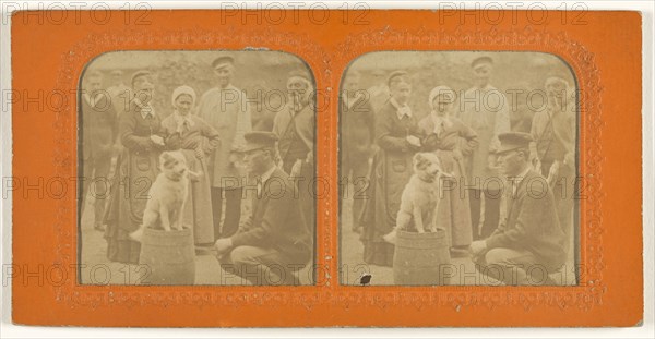 Dog smoking a pipe seated on a barrel with people observing; about 1860; Hand-colored Albumen silver print