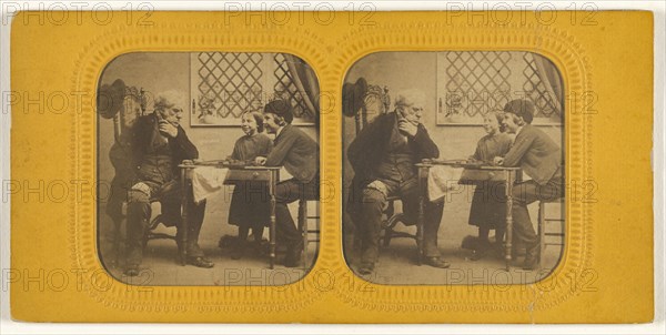 Elderly man playing checkers with two children; 1855 - 1860; Hand-colored Albumen silver print