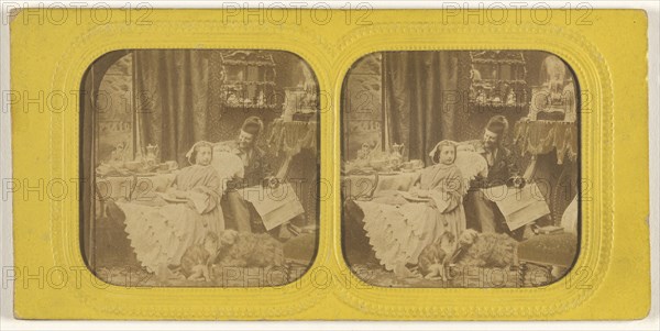 Genre scene: woman at table to feet propped on chair, man in hat next to her, dog and cat at their feet; 1855 - 1860