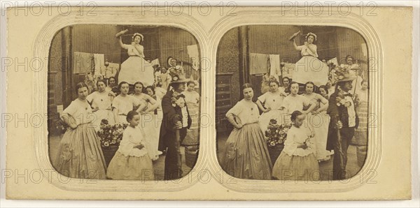 Group of woman following a man, one seated on a litter pouring liquid into a glass; 1855 - 1860; Hand-colored Albumen silver