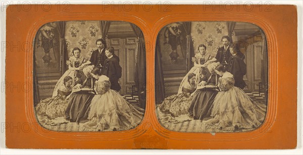 Family scene in parlor: elder woman reading to group; 1855 - 1860; Hand-colored Albumen silver print