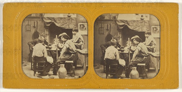 Men and boys at a table, one man holding a gun; 1855 - 1860; Hand-colored Albumen silver print