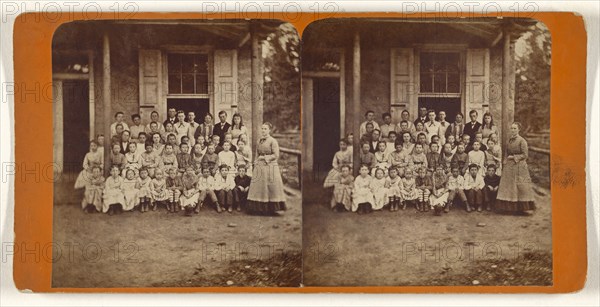 Group of school children and teacher posed outside; American; about 1875; Albumen silver print