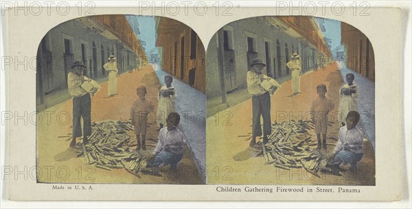 Children Gathering Firewood in Street, Panama; about 1900; Color Photomechanical