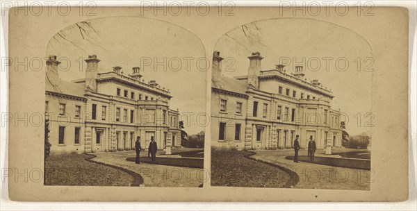 English manor, two men on lawn; British; about 1865; Albumen silver print