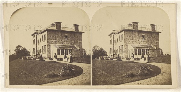 British manor, three women on walkway; British; about 1860; Albumen silver print