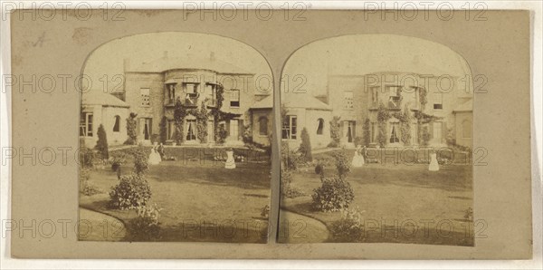 British manor, three women on lawn; British; about 1860; Albumen silver print