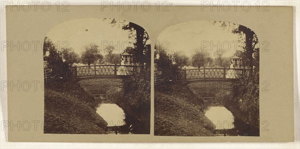 Woman crossing footbridge over stream; British; about 1860; Albumen silver print