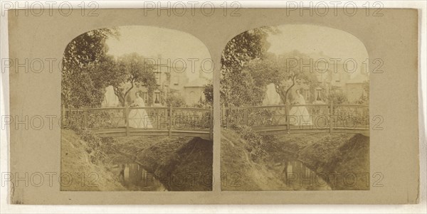 Woman crossing footbridge over stream; British; about 1860; Albumen silver print